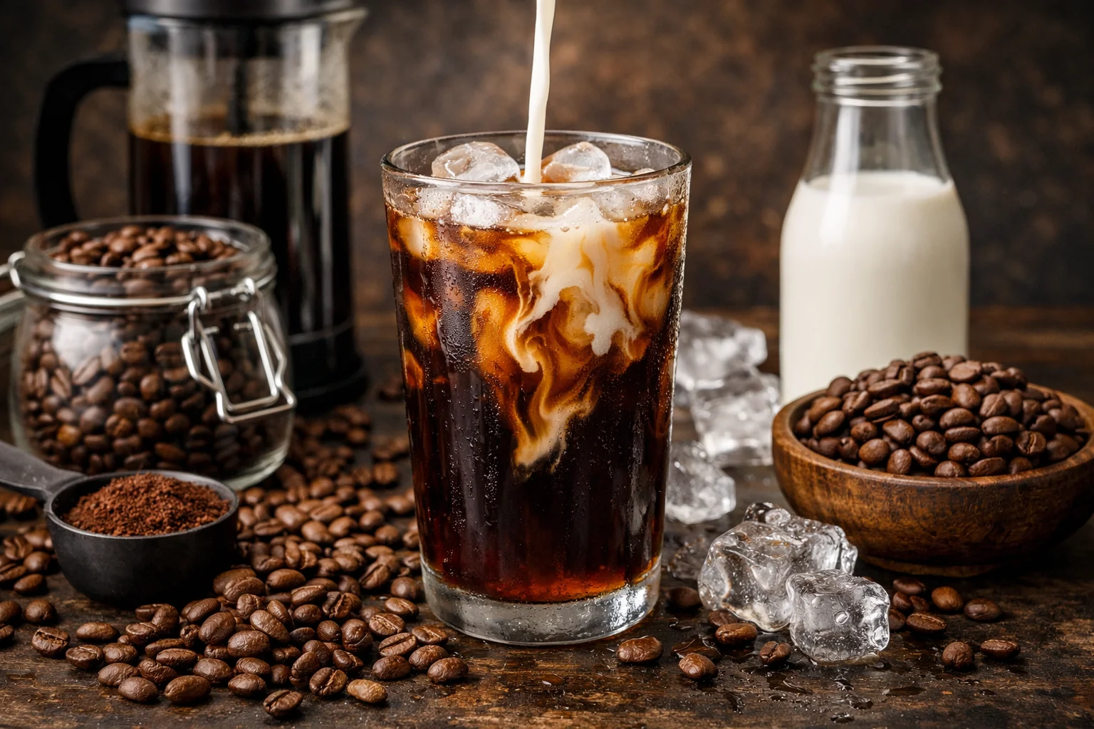 Cold brew coffee with milk being poured over ice surrounded by coffee beans and a french press