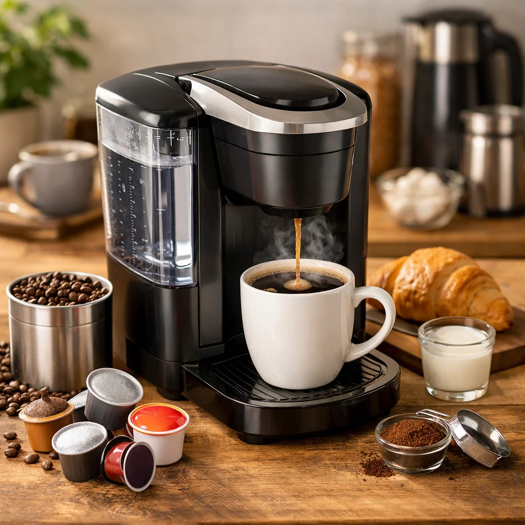 Single serve coffee maker brewing a fresh cup of coffee with K-Cup pods, coffee beans, and ground coffee on a wooden countertop